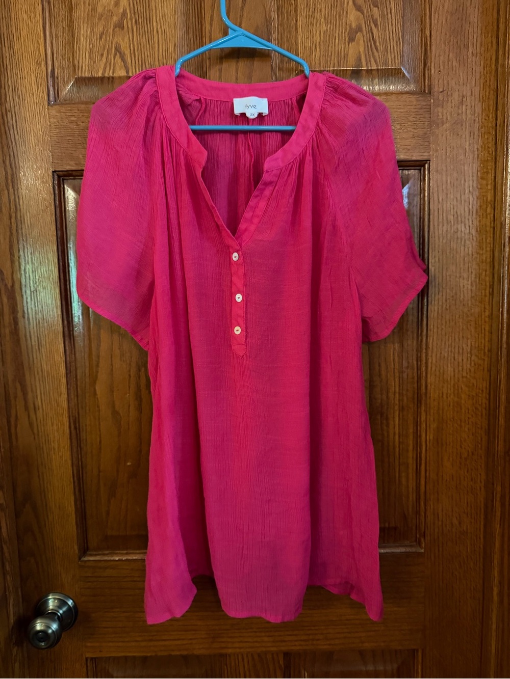 Fyve 2X Pink V Neck Gauze Short Sleeve Pullover Blouse